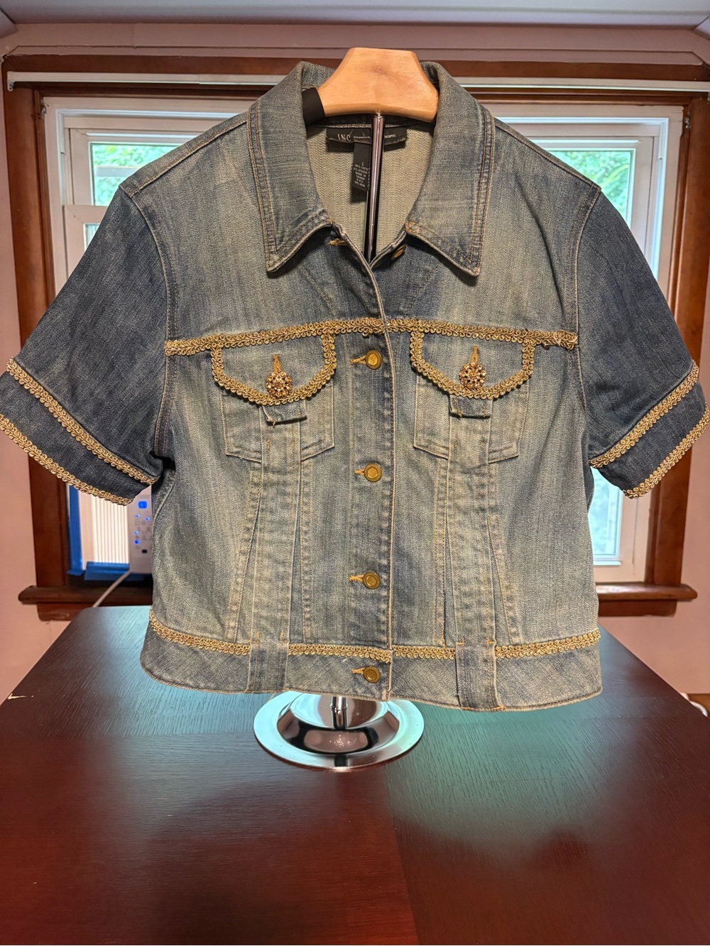 INC International Concepts Glam Gold Braided Trim Denim Jacket - Size L
